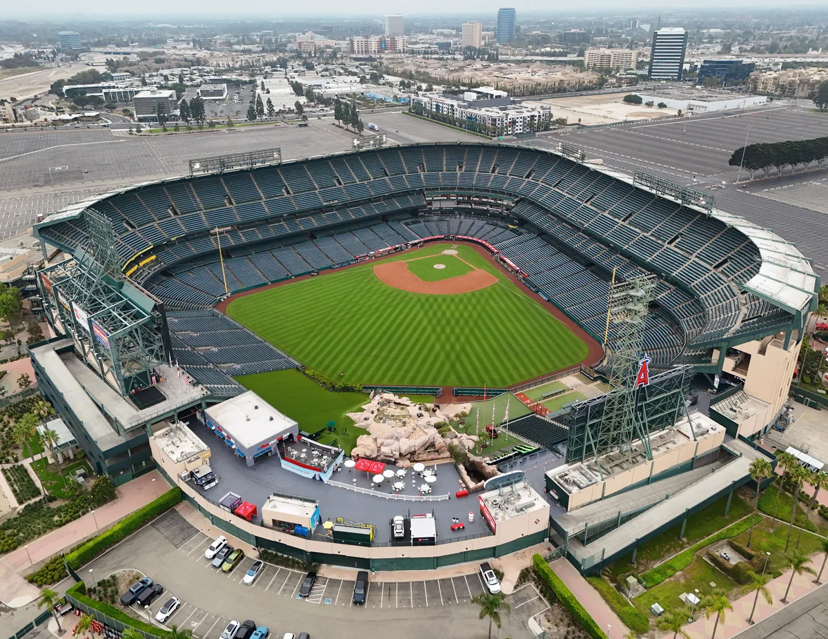 Aerial view across Angel Stadium’s open field and seating